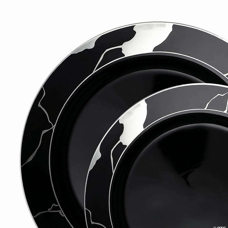 Party Plates * | New Black With Silver Marble Disposable Plastic Dinnerware Value Set (120 Dinner Plates + 120 Salad Plates)