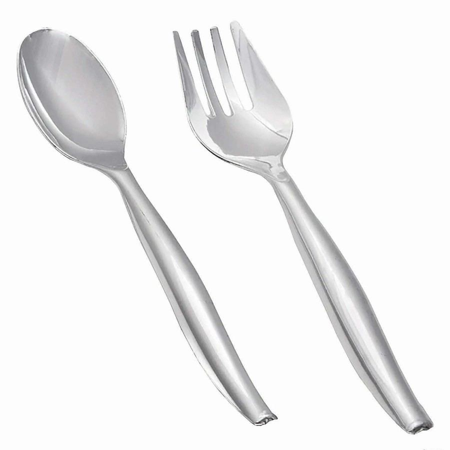 Serveware * | Promo Silver Disposable Plastic Serving Flatware Set Serving Spoons And Serving Forks (55 Pairs)