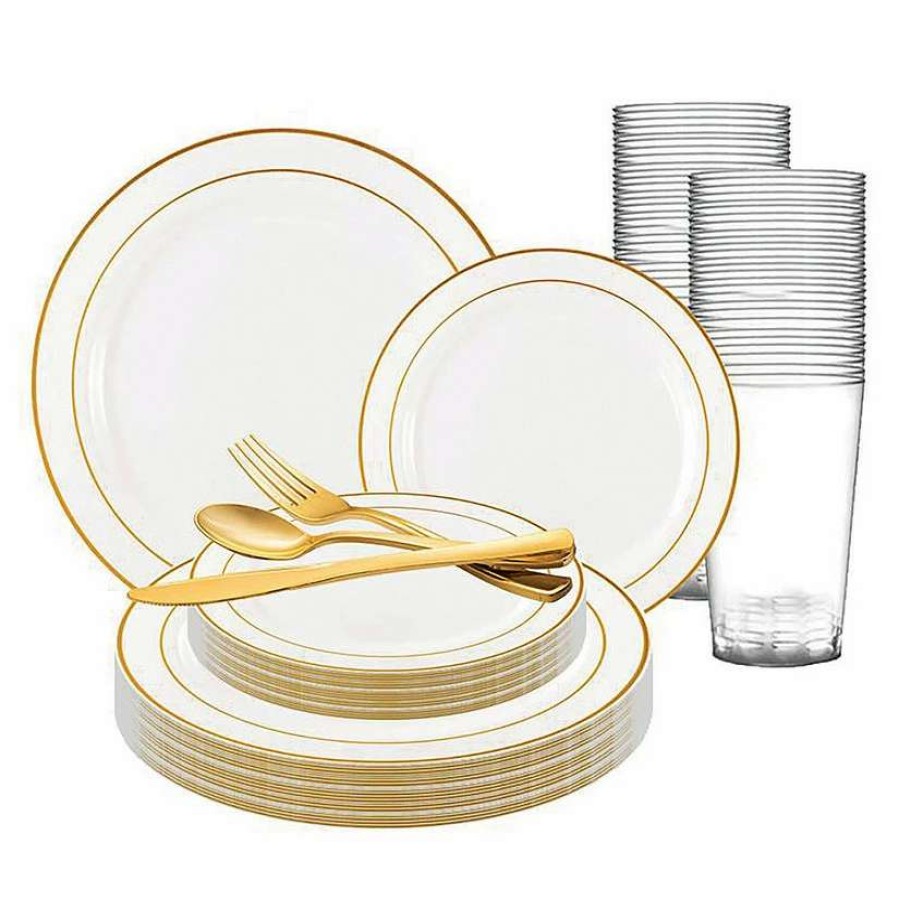 Bowls * | Best Reviews Of White With Gold Edge Rim Plastic Dinnerware Value Set (60 Settings)