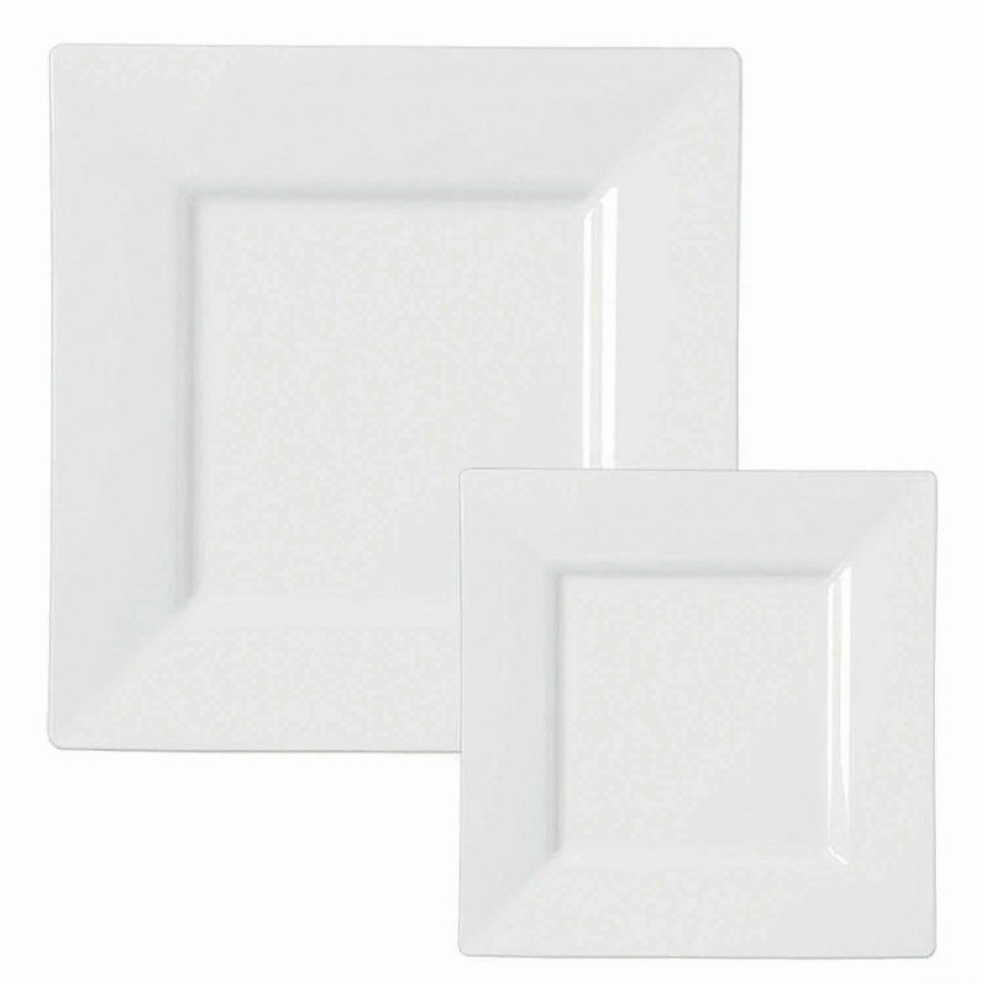 Bowls * | Hot Sale White Square Plastic Plates Dinnerware Value Set (40 Dinner Plates + 40 Salad Plates)