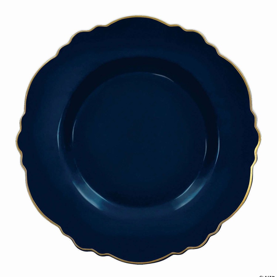 Party Plates * | Best Sale 10.25 Navy With Gold Rim Round Blossom Disposable Plastic Dinner Plates (50 Plates)