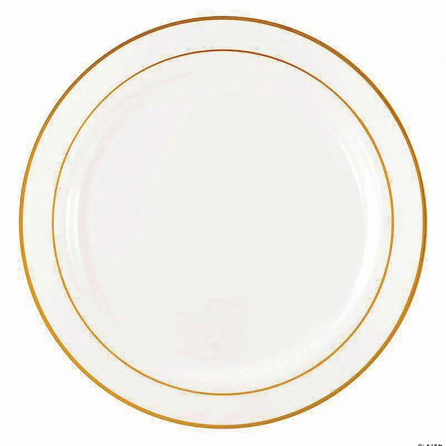 Party Plates * | Flash Sale 9 White With Gold Edge Rim Plastic Buffet Plates (60 Plates)