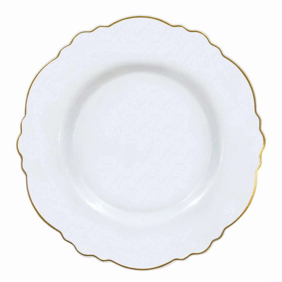 Party Plates * | Top 10 10.25 White With Gold Rim Round Blossom Disposable Plastic Dinner Plates (120 Plates)