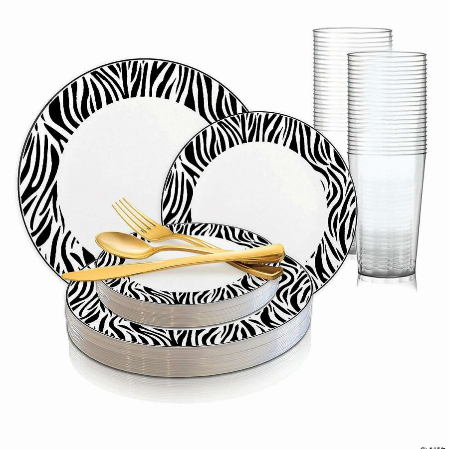 Party Plates * | Buy White With Black Zebra Stripes Round Disposable Plastic Dinnerware Value Set (20 Settings)