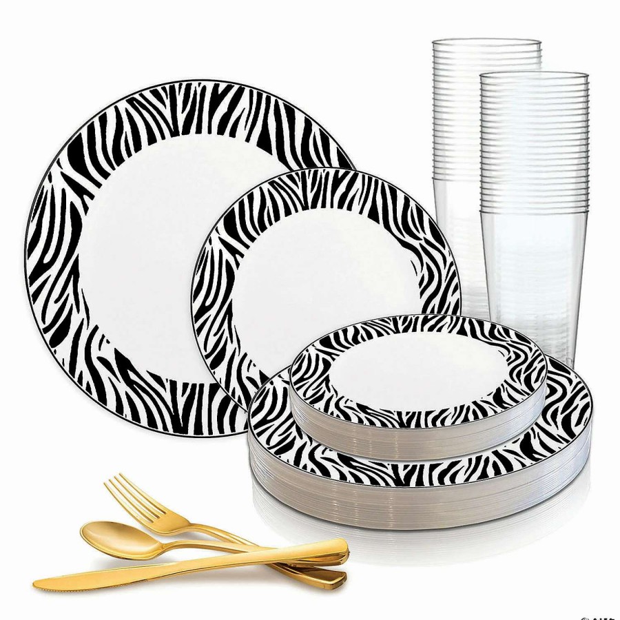 Party Plates * | Buy White With Black Zebra Stripes Round Disposable Plastic Dinnerware Value Set (20 Settings)