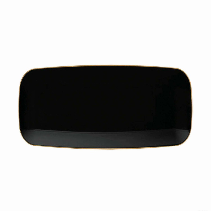 Party Plates * | Best Sale 10.6 X 5 Black With Gold Rim Flat Raised Edge Rectangular Disposable Plastic Plates (50 Plates)