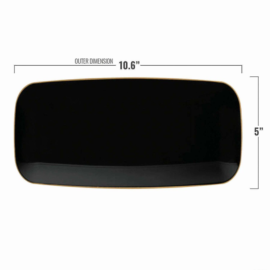 Party Plates * | Best Sale 10.6 X 5 Black With Gold Rim Flat Raised Edge Rectangular Disposable Plastic Plates (50 Plates)