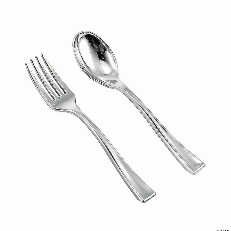 Cutlery * | Discount Silver Disposable Plastic Mini Flatware Set Dessert Spoons And Dessert Forks (960 Guests)