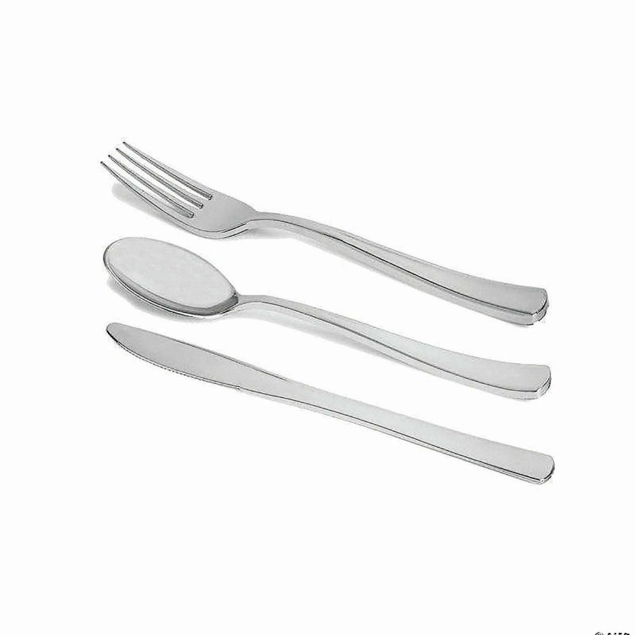 Cutlery * | Cheapest Shiny Metallic Silver Plastic Cutlery Combo Set Spoons, Forks And Knives (120 Guests)