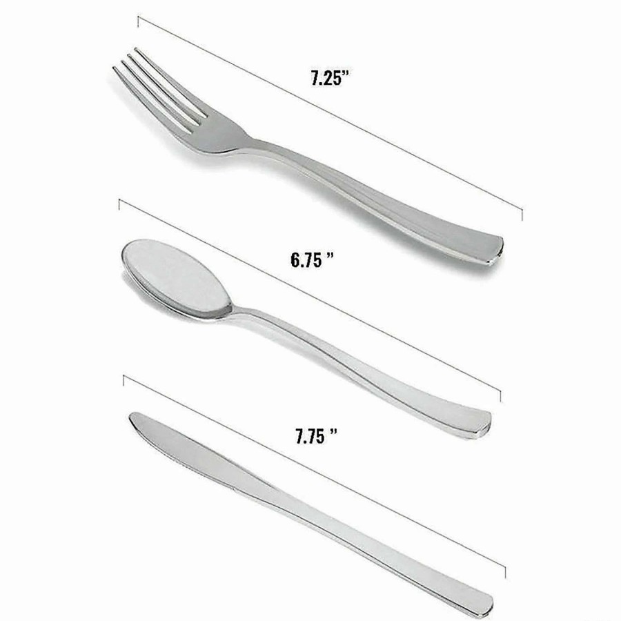 Cutlery * | Cheapest Shiny Metallic Silver Plastic Cutlery Combo Set Spoons, Forks And Knives (120 Guests)