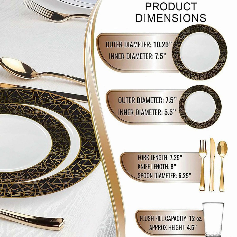 Bowls * | Hot Sale White With Black And Gold Mosaic Rim Round Plastic Dinnerware Value Set (20 Settings)