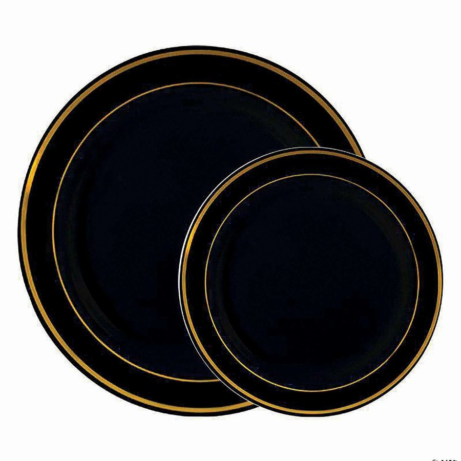 Party Plates * | Flash Sale Black With Gold Edge Rim Plastic Dinnerware Value Set (40 Dinner Plates + 40 Salad Plates)