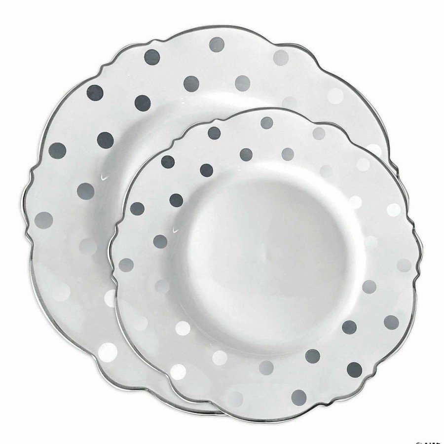 Party Plates * | Buy White With Silver Dots Round Blossom Disposable Plastic Dinnerware Value Set (40 Dinner Plates + 40 Salad Plates)