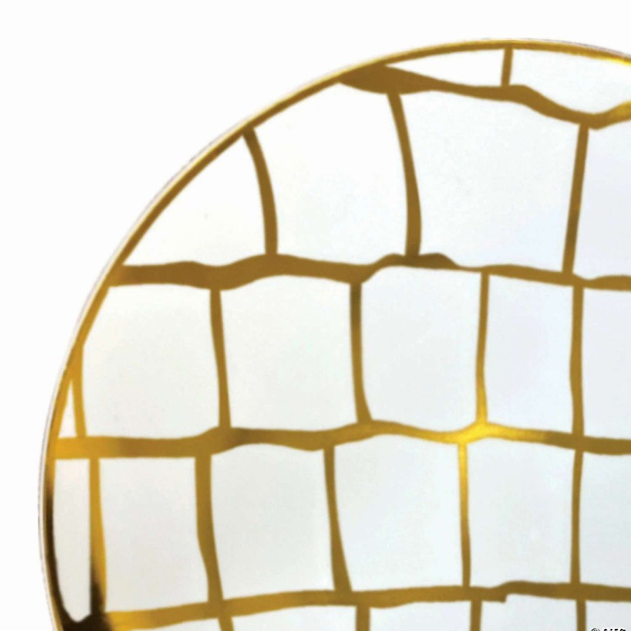 Party Plates * | Top 10 7.5 White With Gold Scales Pattern Round Disposable Plastic Appetizer/Salad Plates (120 Plates)