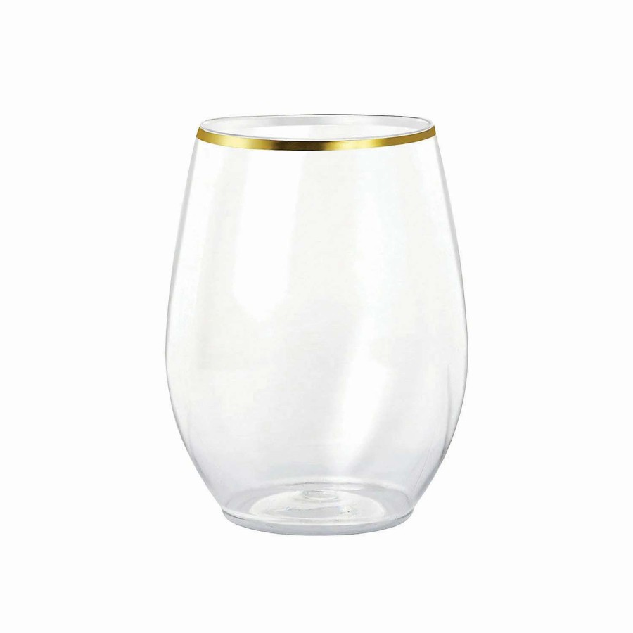 Drinkware * | Promo 12 Oz. Clear With Gold Elegant Stemless Plastic Wine Glasses (32 Glasses)