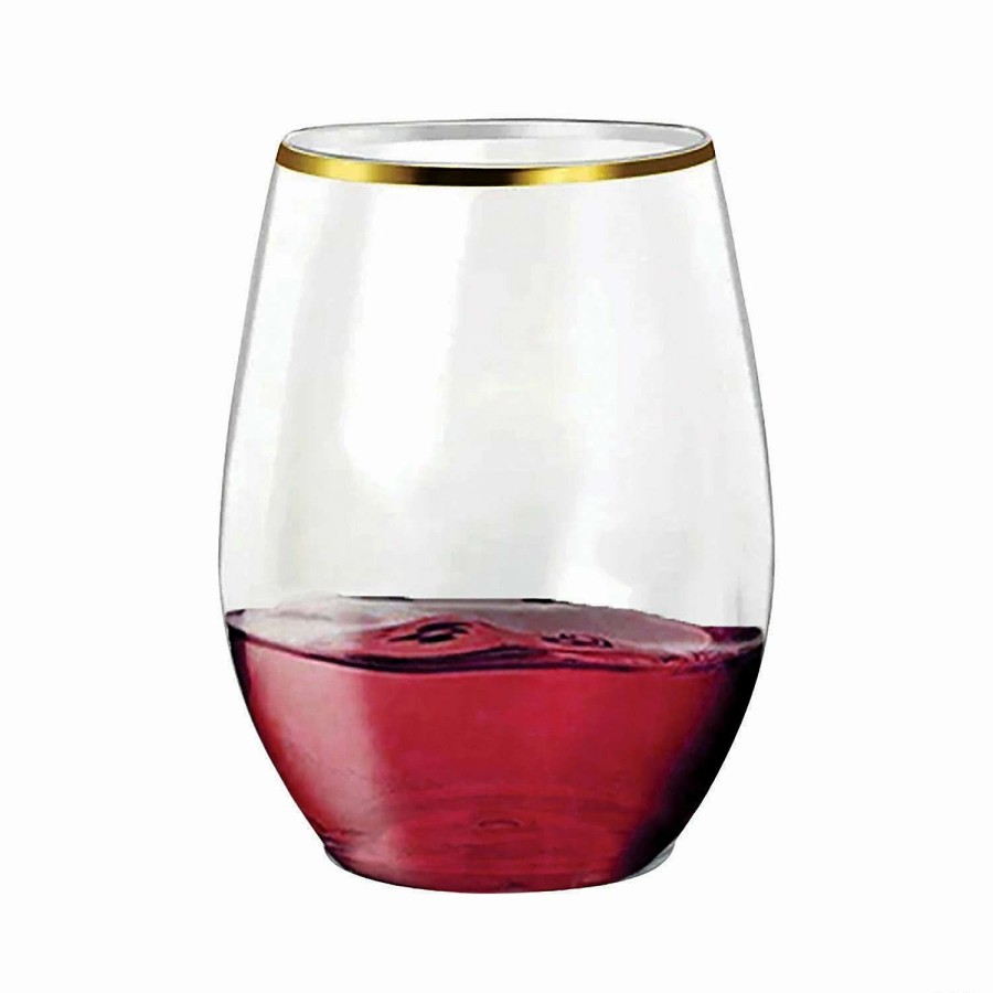 Drinkware * | Promo 12 Oz. Clear With Gold Elegant Stemless Plastic Wine Glasses (32 Glasses)