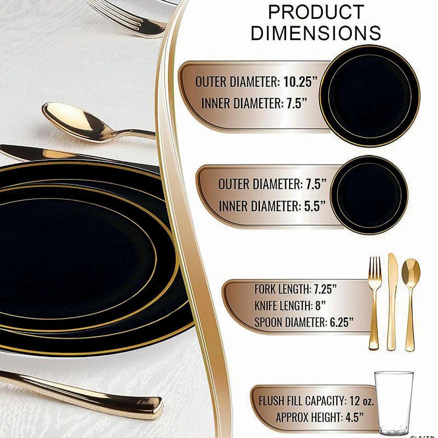 Bowls * | Hot Sale Black With Gold Edge Rim Plastic Dinnerware Value Set (60 Settings)