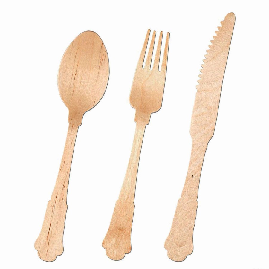 Cutlery * | Wholesale Silhouette Birch Wood Eco Friendly Disposable Wooden Cutlery Set Spoons, Forks And Knives (75 Guests)