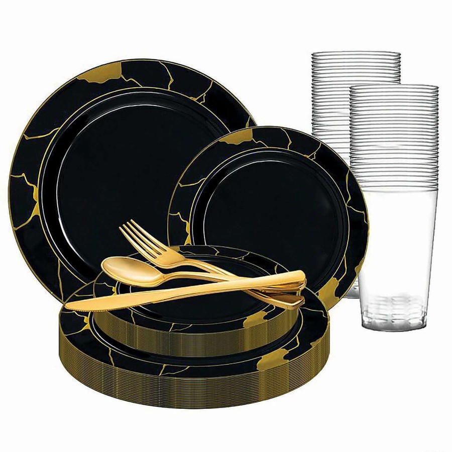 Bowls * | New Black With Gold Marble Disposable Plastic Dinnerware Value Set (120 Settings)