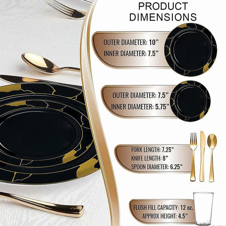 Bowls * | New Black With Gold Marble Disposable Plastic Dinnerware Value Set (120 Settings)