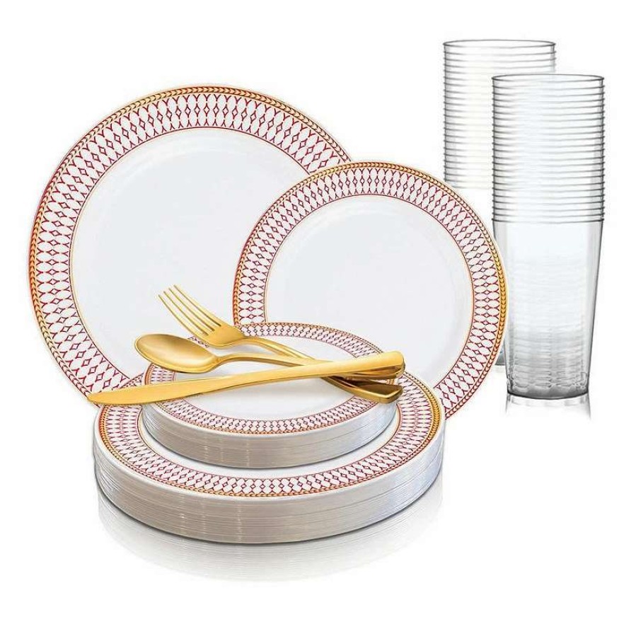 Bowls * | Best Sale White With Red And Gold Chord Rim Plastic Dinnerware Value Set (20 Settings)