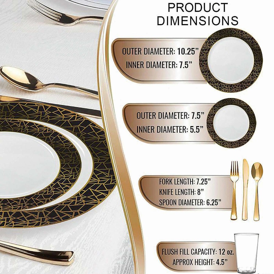 Bowls * | Best Pirce White With Black And Gold Mosaic Rim Round Plastic Dinnerware Value Set (120 Settings)