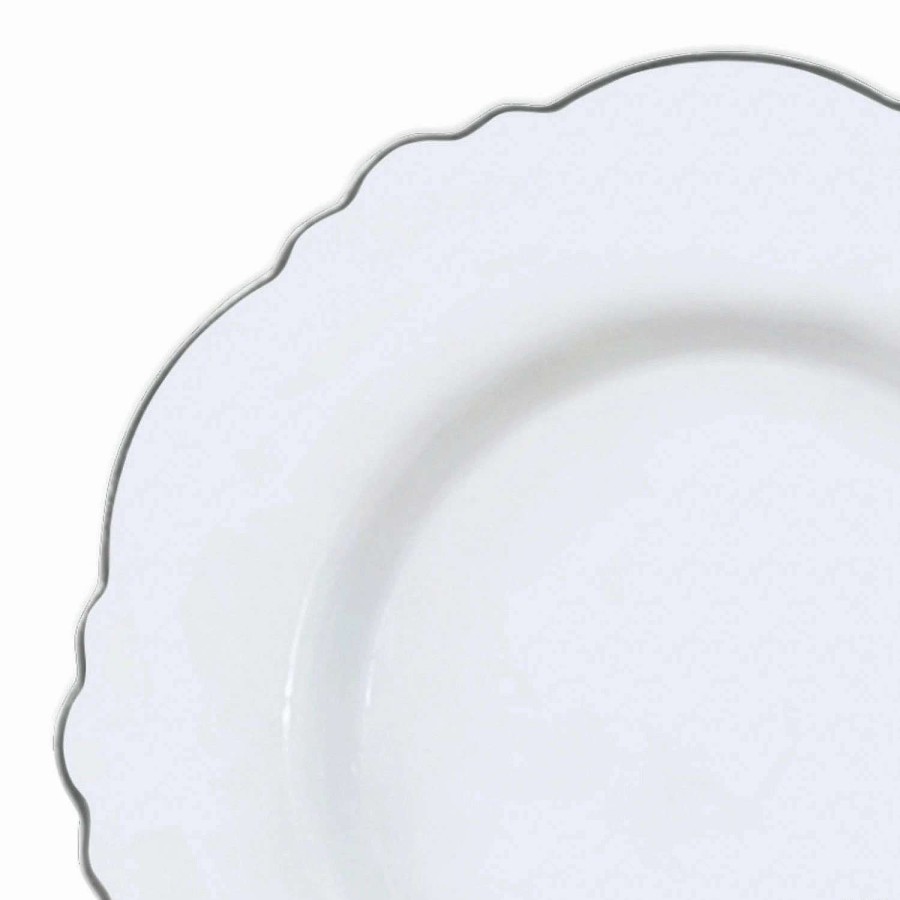 Party Plates * | Cheapest 10.25 White With Silver Rim Round Blossom Disposable Plastic Dinner Plates (50 Plates)