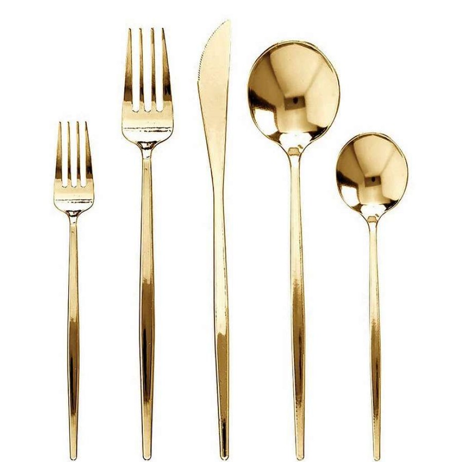 Cutlery * | Discount Shiny Gold Moderno Disposable Plastic Cutlery Set Spoons, Forks, Knives, Dessert Spoons, And Dessert Forks (300 Guests)