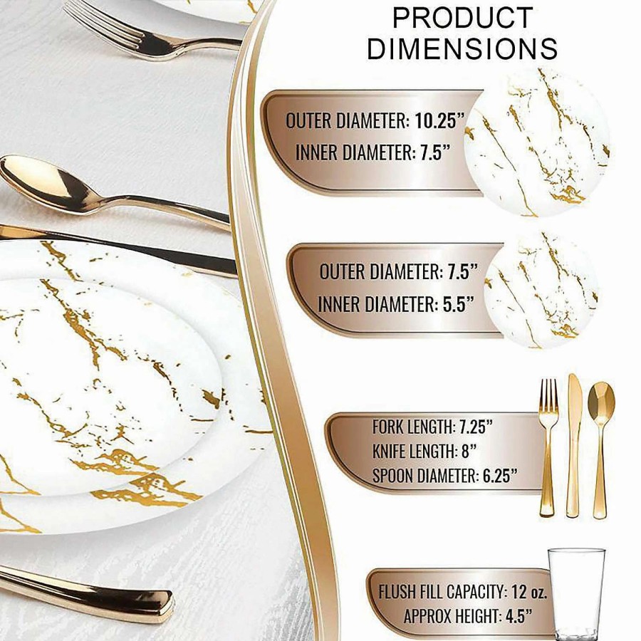 Bowls * | Best Deal White With Gold Marble Stroke Round Disposable Plastic Dinnerware Value Set (120 Settings)