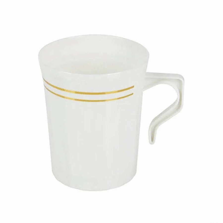 Drinkware * | Hot Sale 8 Oz. White With Gold Edge Rim Round Plastic Coffee Mugs (60 Mugs)