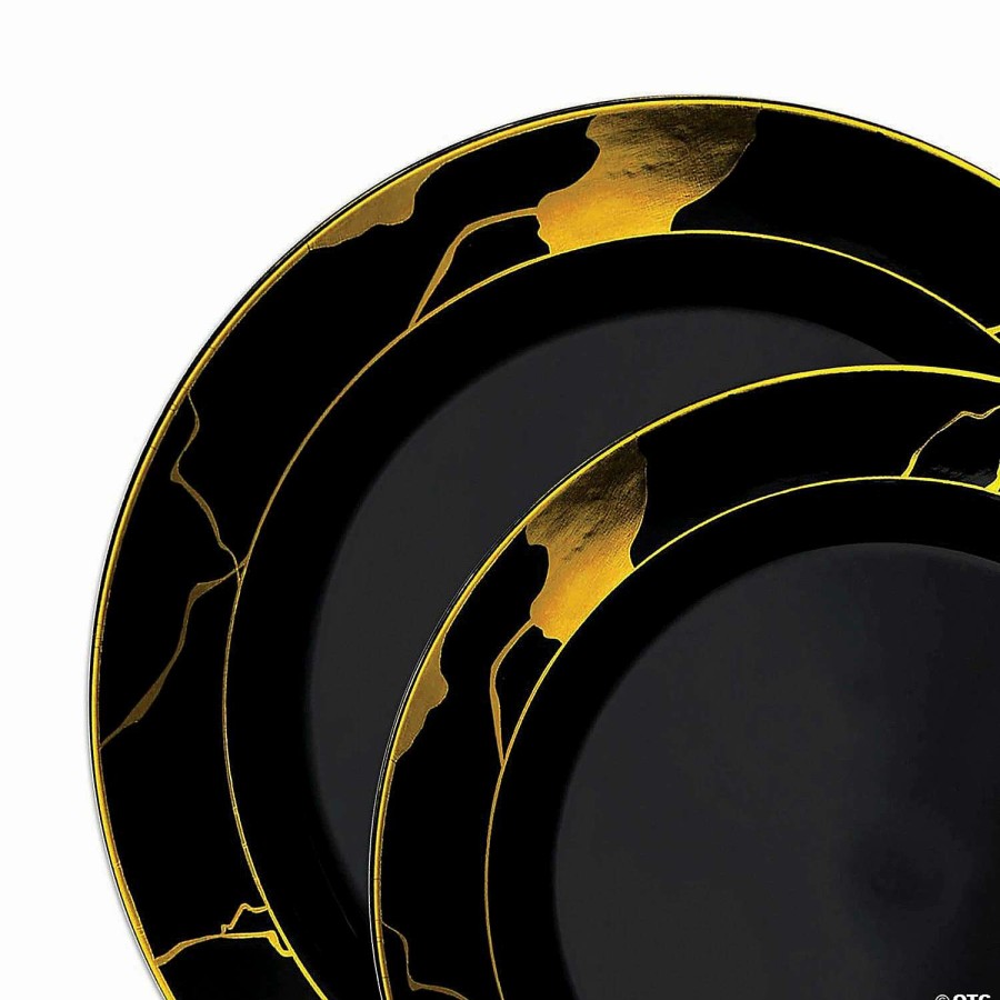 Party Plates * | Deals Black With Gold Marble Disposable Plastic Dinnerware Value Set (40 Dinner Plates + 40 Salad Plates)