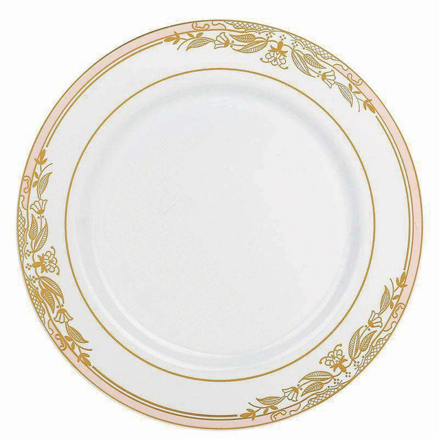 Party Plates * | Budget Kaya Collection 10.25 White With Pink And Gold Harmony Rim Plastic Dinner Plates (120 Plates)