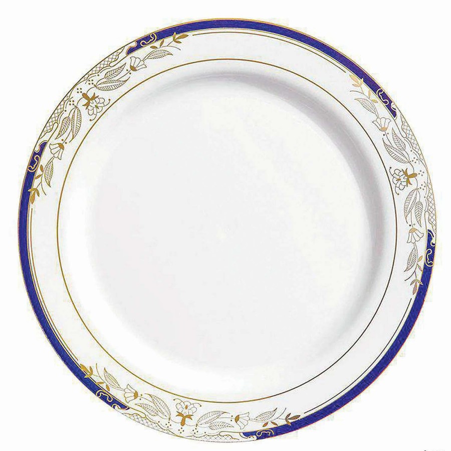 Party Plates * | Top 10 Kaya Collection 10.25 White With Blue And Gold Harmony Rim Plastic Dinner Plates (120 Plates)