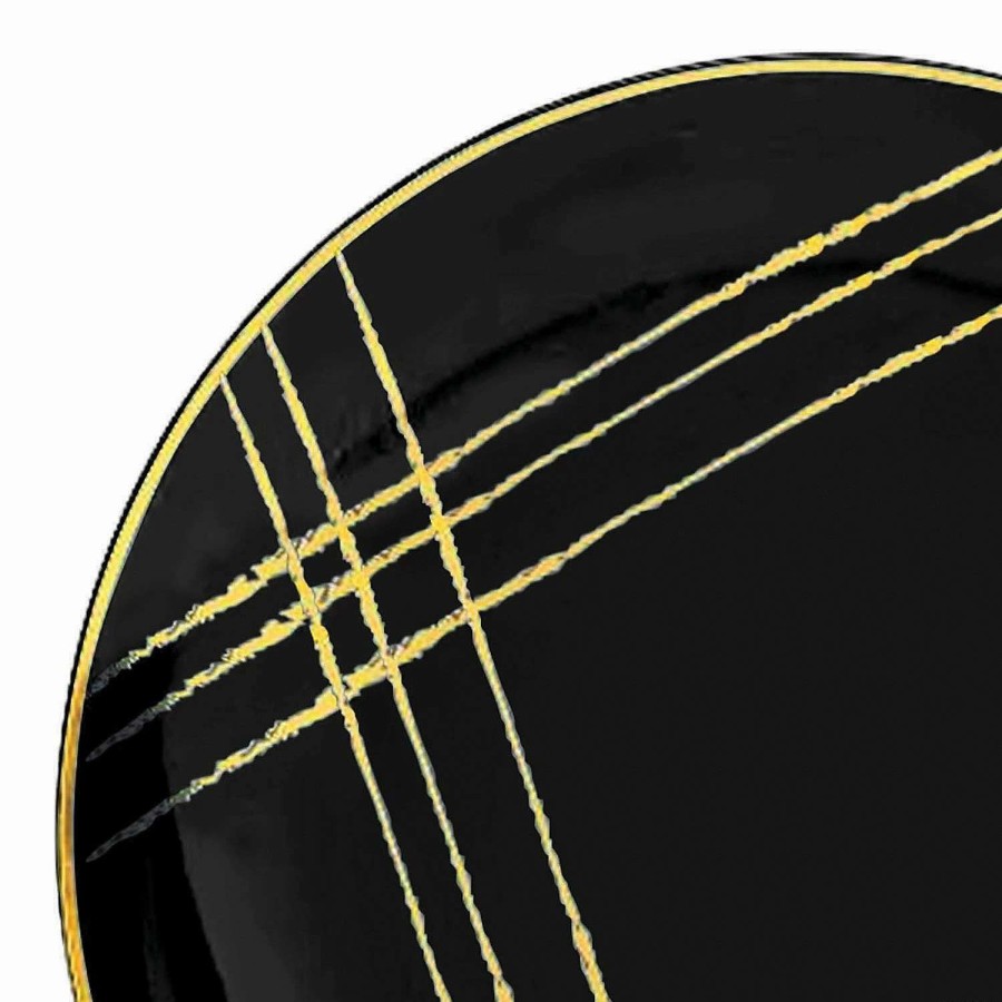 Party Plates * | Best Pirce Premium 10.25 Black With Gold Brushstroke Round Disposable Plastic Dinner Plates (120 Plates)