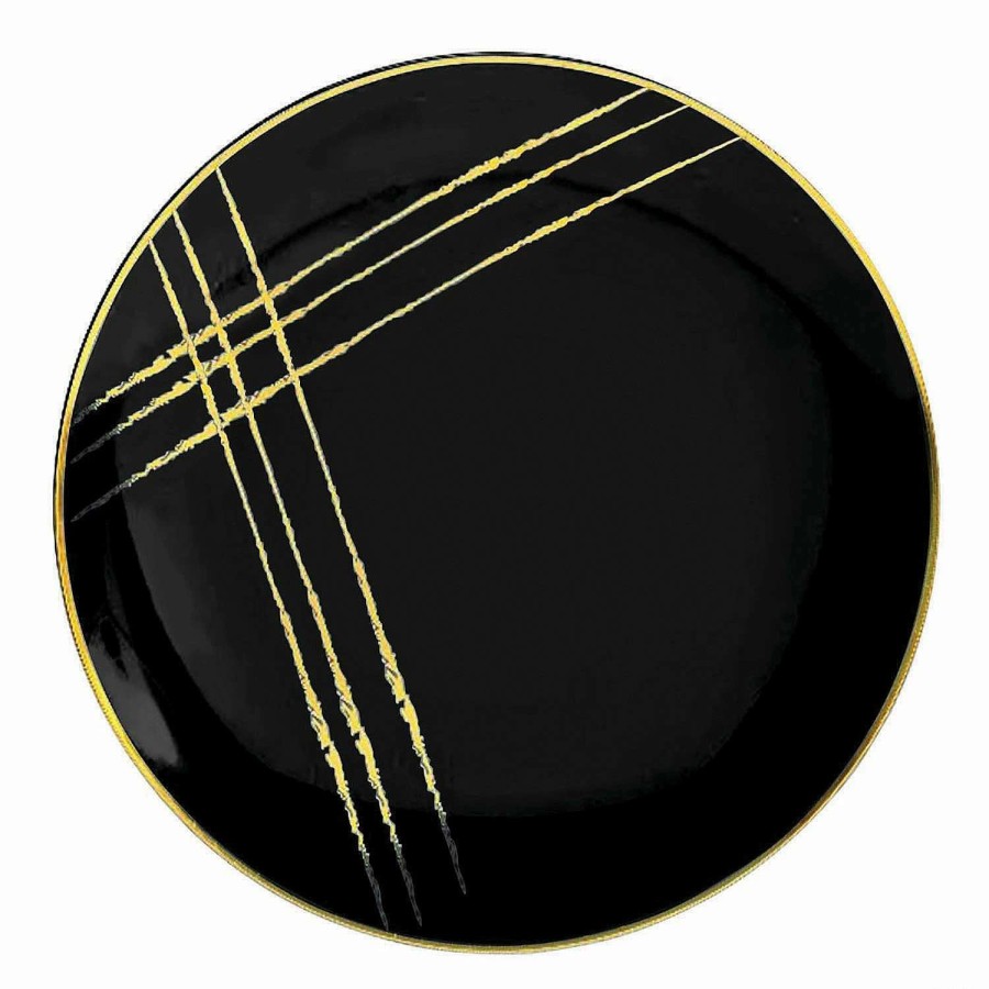 Party Plates * | Best Pirce Premium 10.25 Black With Gold Brushstroke Round Disposable Plastic Dinner Plates (120 Plates)