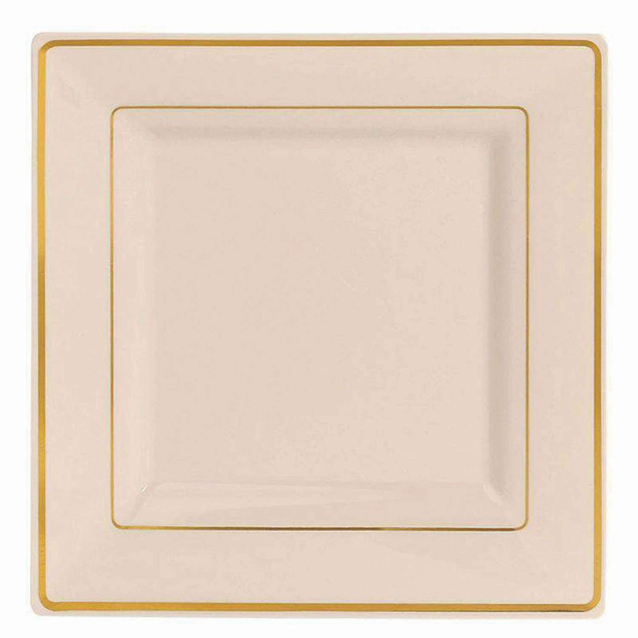 Party Plates * | Cheap Kaya Collection 6.5 Ivory With Gold Square Edge Rim Plastic Appetizer/Salad Plates (120 Plates)