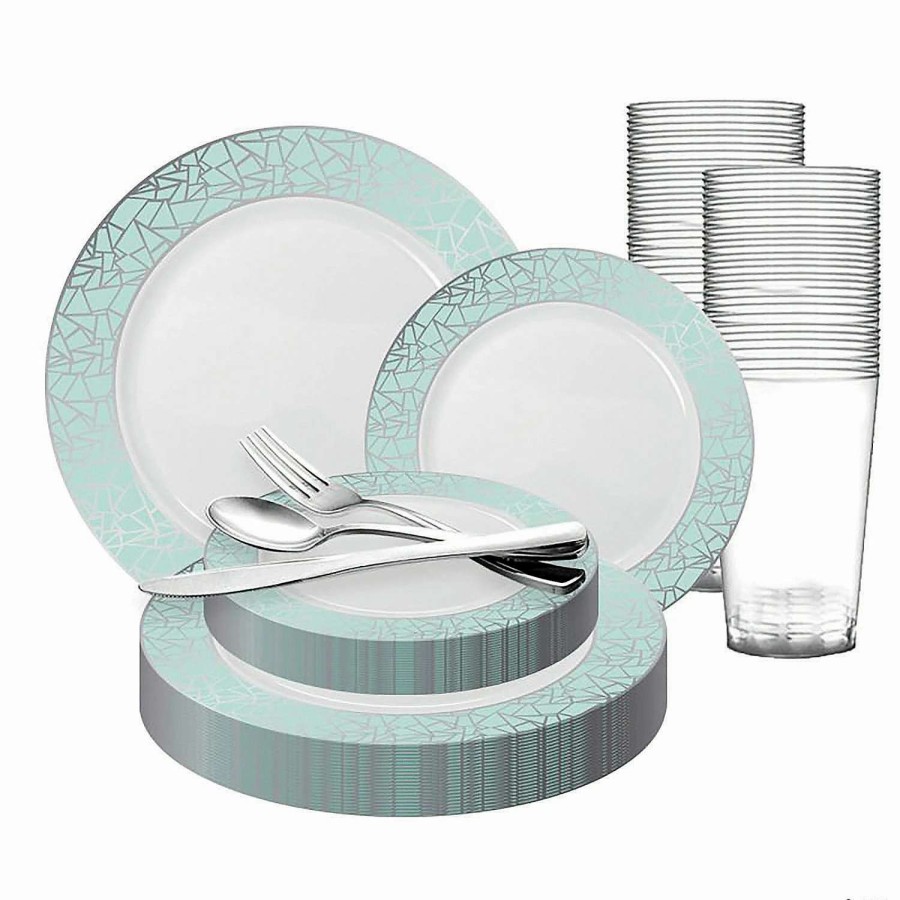 Bowls * | Deals White With Turquoise Blue And Silver Mosaic Rim Round Plastic Dinnerware Value Set (20 Settings)