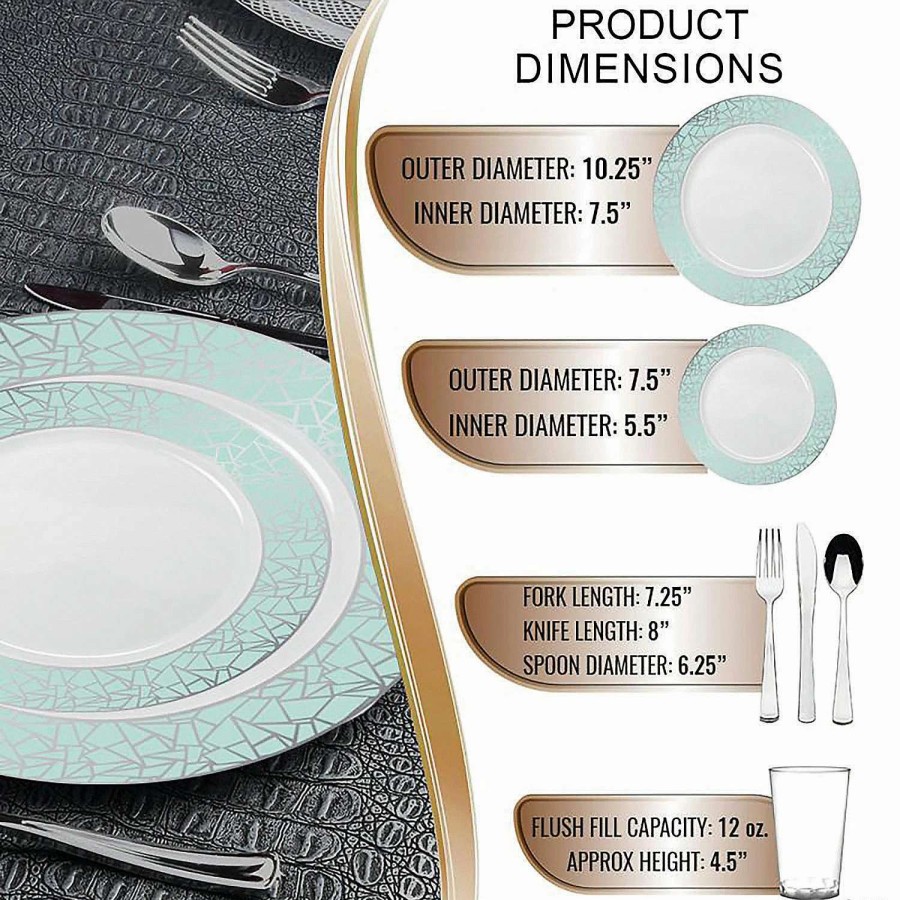 Bowls * | Deals White With Turquoise Blue And Silver Mosaic Rim Round Plastic Dinnerware Value Set (20 Settings)