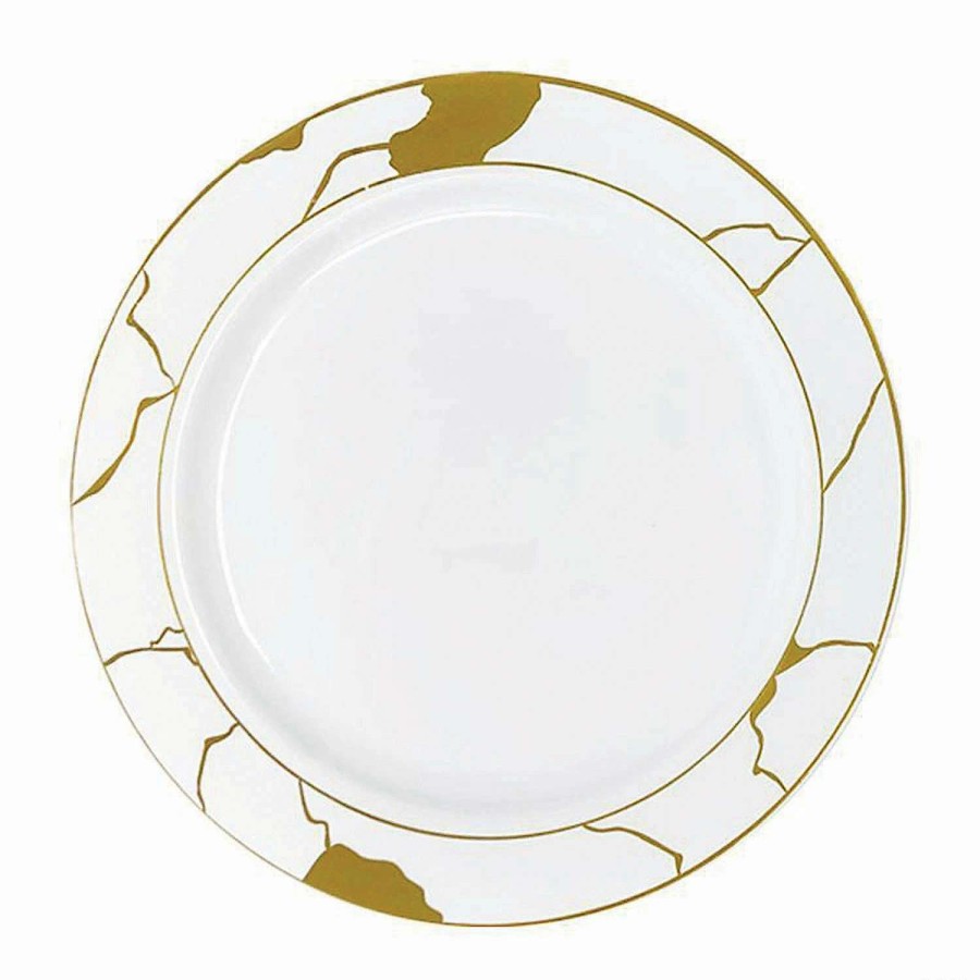 Party Plates * | Wholesale Kaya Collection 10 White With Gold Marble Disposable Plastic Dinner Plates (120 Plates)