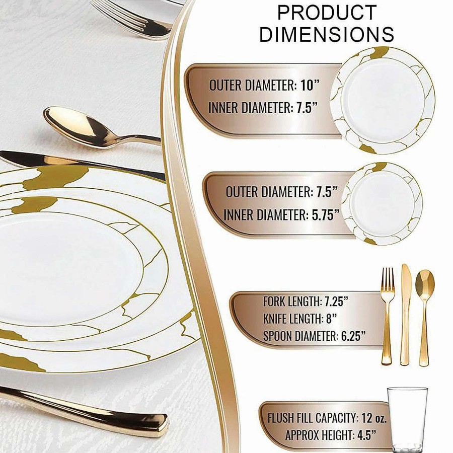 Bowls * | Wholesale White With Gold Marble Disposable Plastic Dinnerware Value Set (60 Settings)