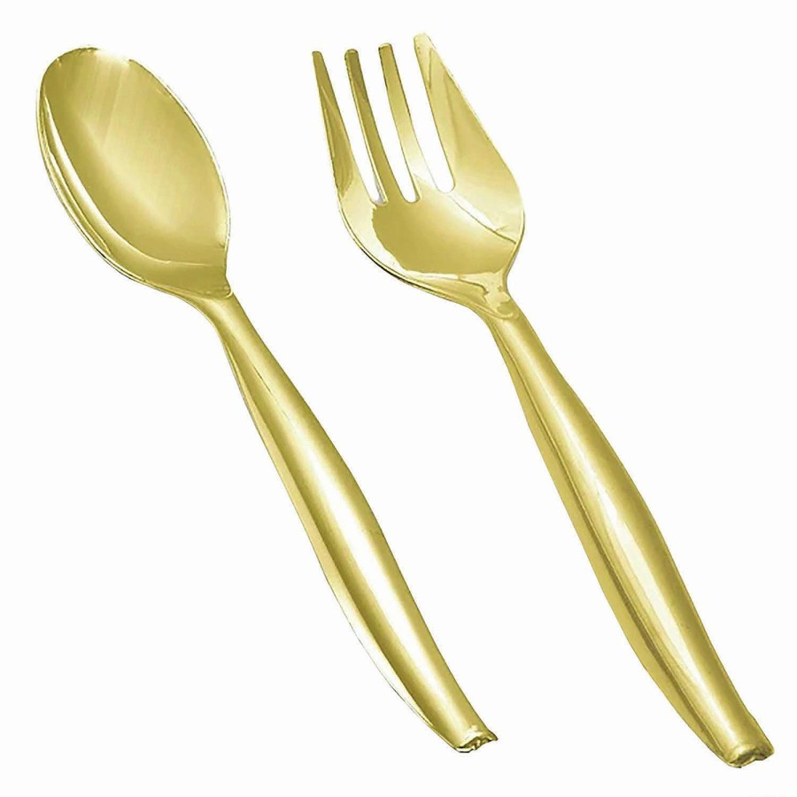 Serveware * | Outlet Gold Disposable Plastic Serving Flatware Set Serving Spoons And Serving Forks (30 Pairs)