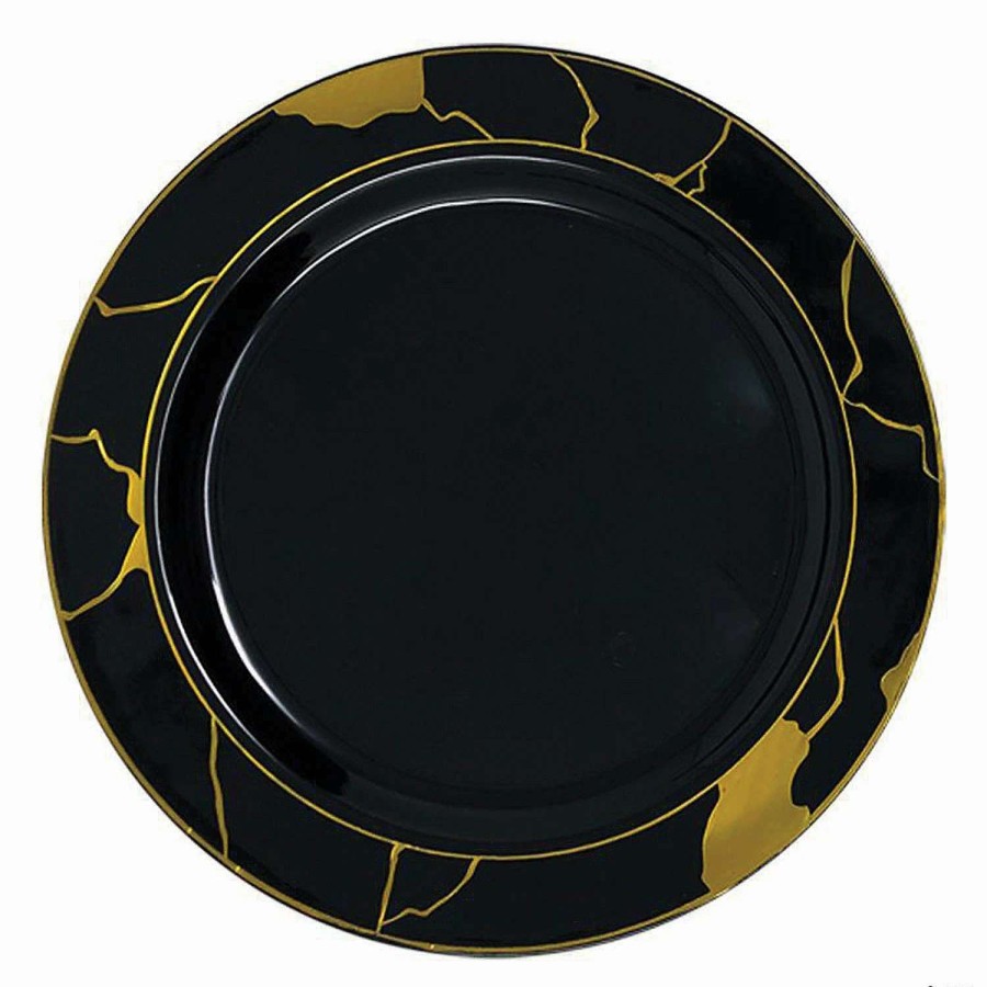 Party Plates * | Deals Kaya Collection 10 Black With Gold Marble Disposable Plastic Dinner Plates (120 Plates)