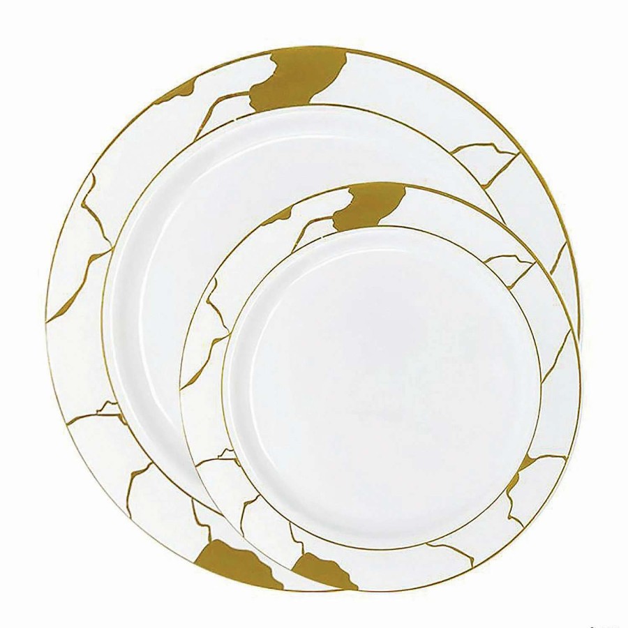 Party Plates * | Flash Sale White With Gold Marble Disposable Plastic Dinnerware Value Set (120 Dinner Plates + 120 Salad Plates)