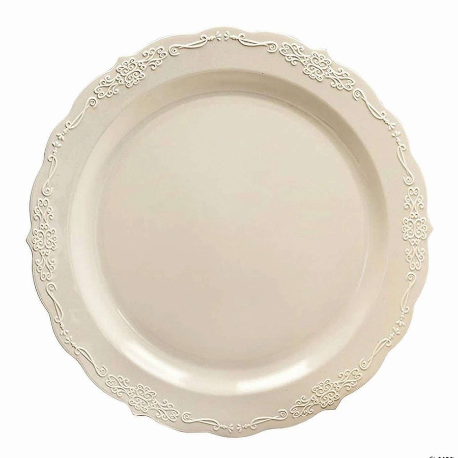 Party Plates * | Best Pirce Premium 10 Ivory Vintage Round Disposable Plastic Dinner Plates (120 Plates)