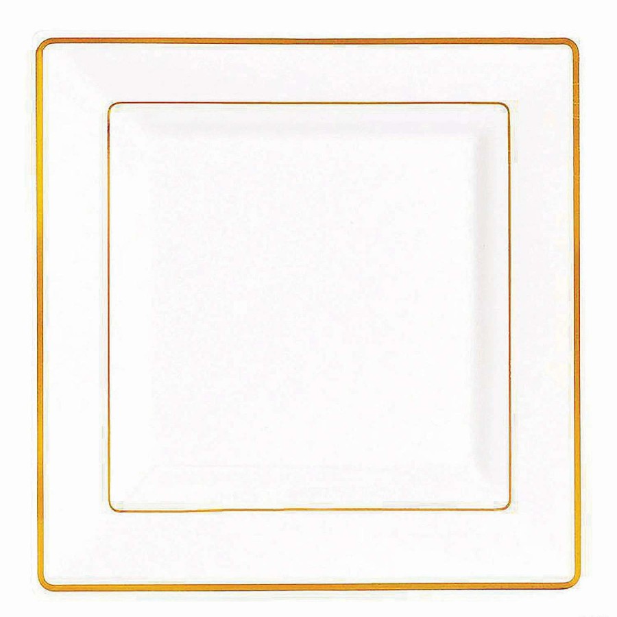 Party Plates * | Outlet 6.5 White With Gold Square Edge Rim Plastic Appetizer/Salad Plates (70 Plates)