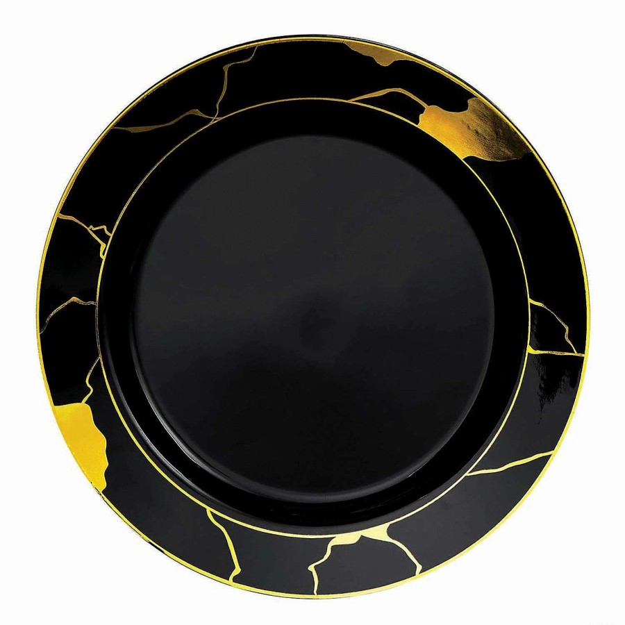 Party Plates * | Best Sale 7.5 Black With Gold Marble Disposable Plastic Appetizer/Salad Plates (90 Plates)