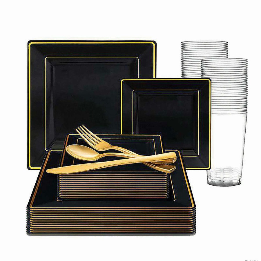 Bowls * | Discount Black With Gold Square Edge Rim Plastic Dinnerware Value Set (120 Settings)