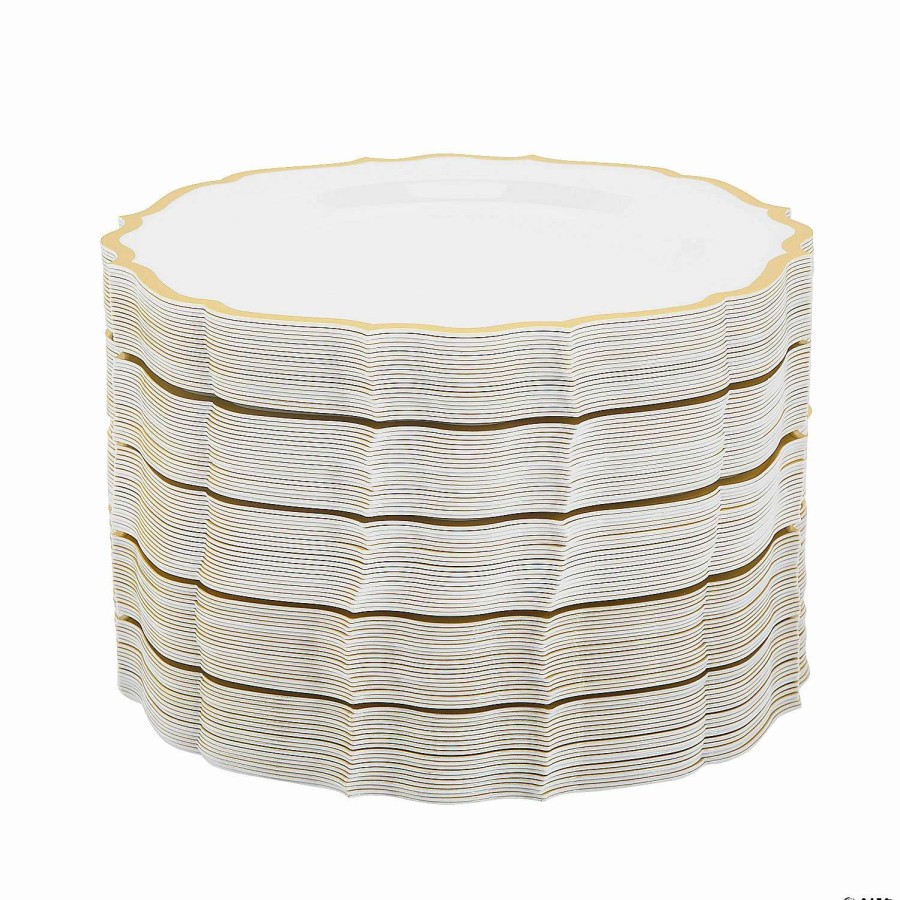 Party Plates * | Discount Bulk Premium White Plastic Dinner Plates With Ornate Gold Trim 72 Pc.