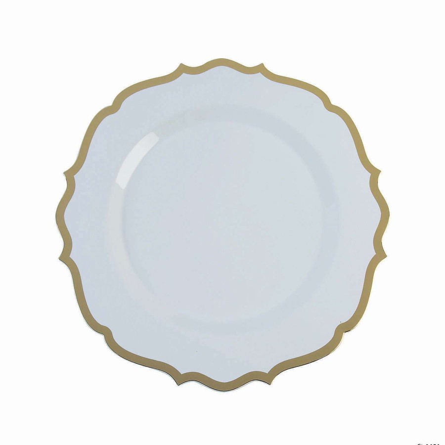 Party Plates * | Discount Bulk Premium White Plastic Dinner Plates With Ornate Gold Trim 72 Pc.