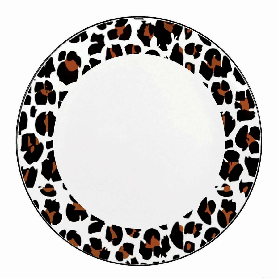 Party Plates * | Deals 10.25 White With Black And Brown Leopard Print Rim Round Disposable Plastic Dinner Plates (40 Plates)